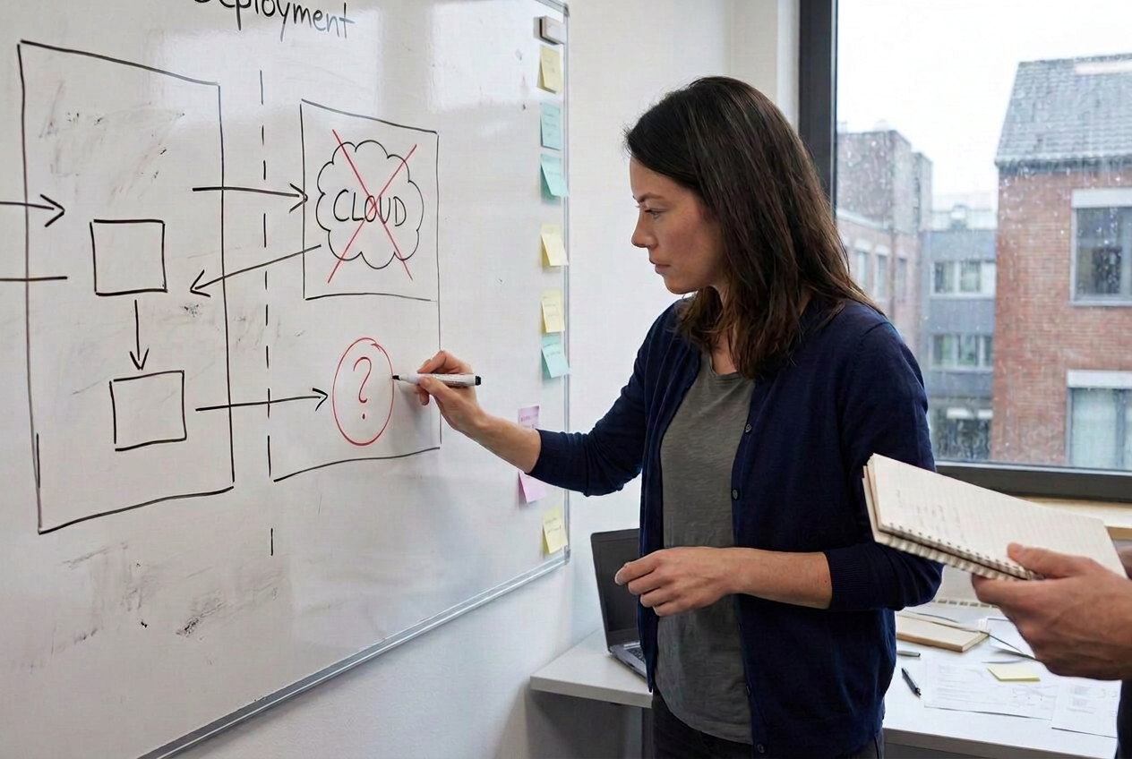 Lea and an IT colleague working through hosting boundaries on a marked-up whiteboard